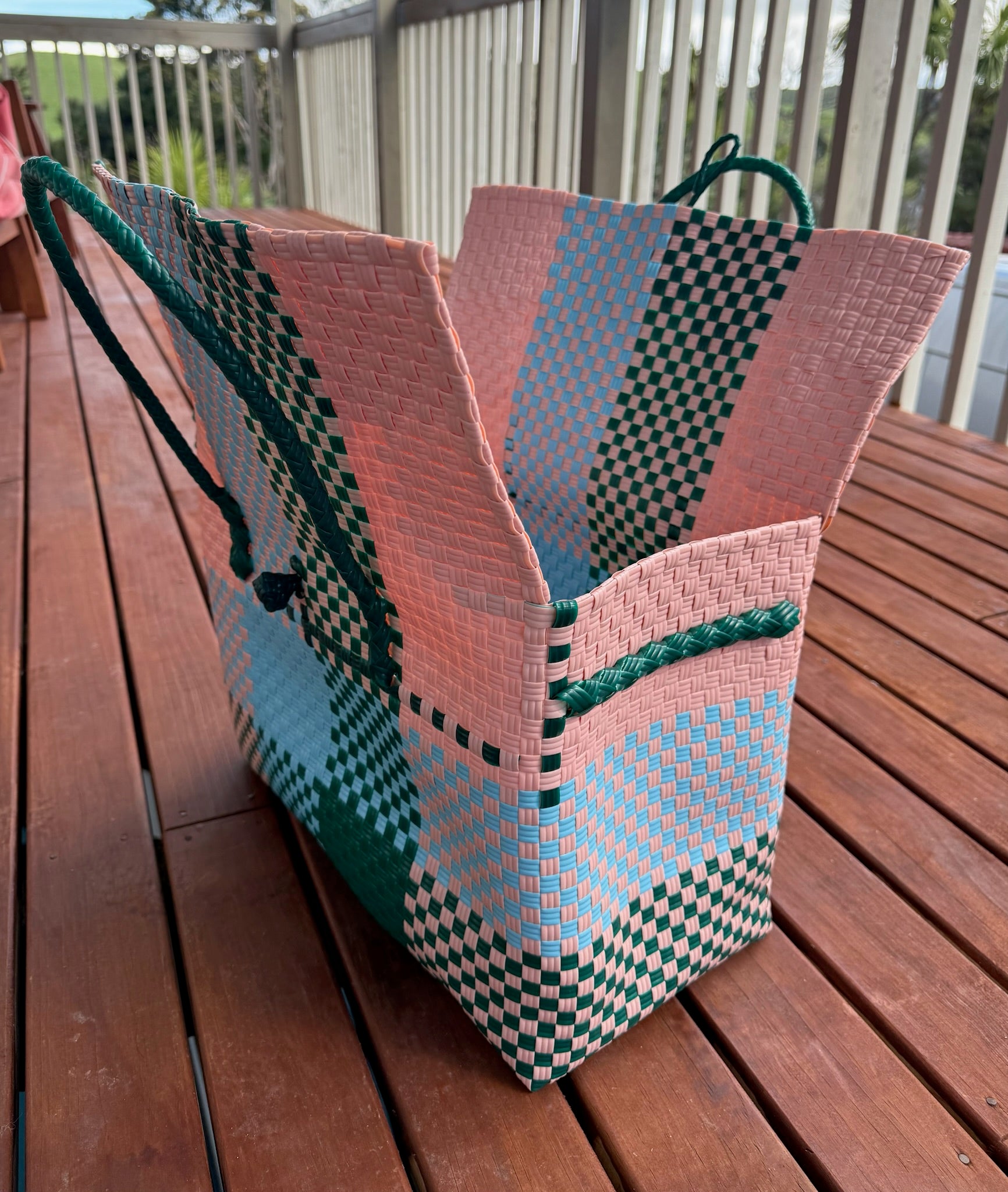 Pink / Grey / Blue Picnic Style Tote Bag (Green Toggle) image 3