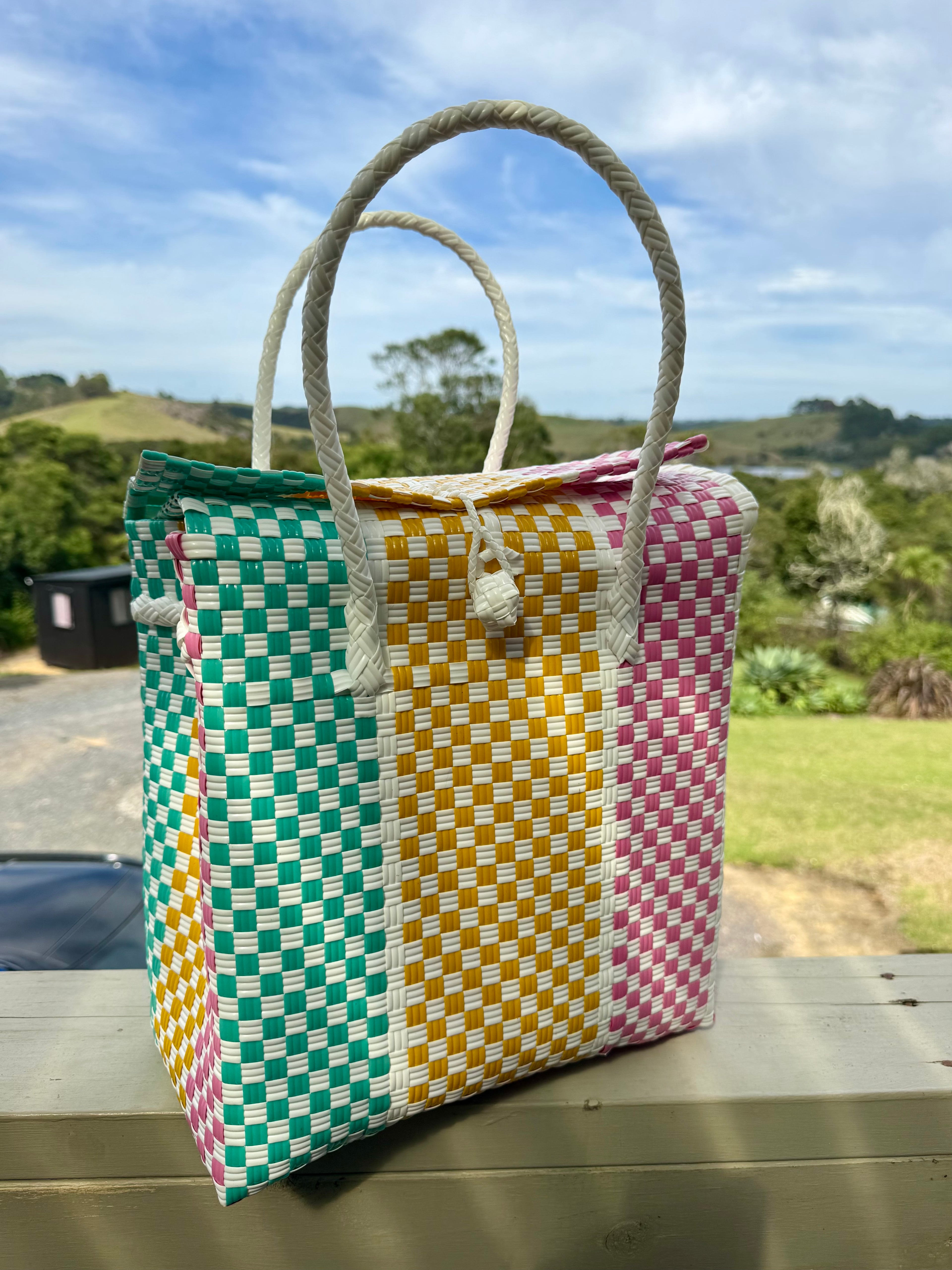 Green / Yellow / Pink Chequered Picnic Bag image 0