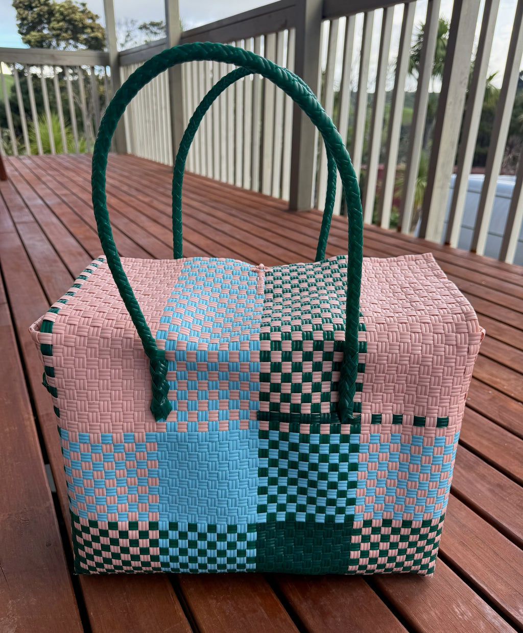 Pink / Grey / Blue Picnic Style Tote Bag (Pink Toggle) image 1