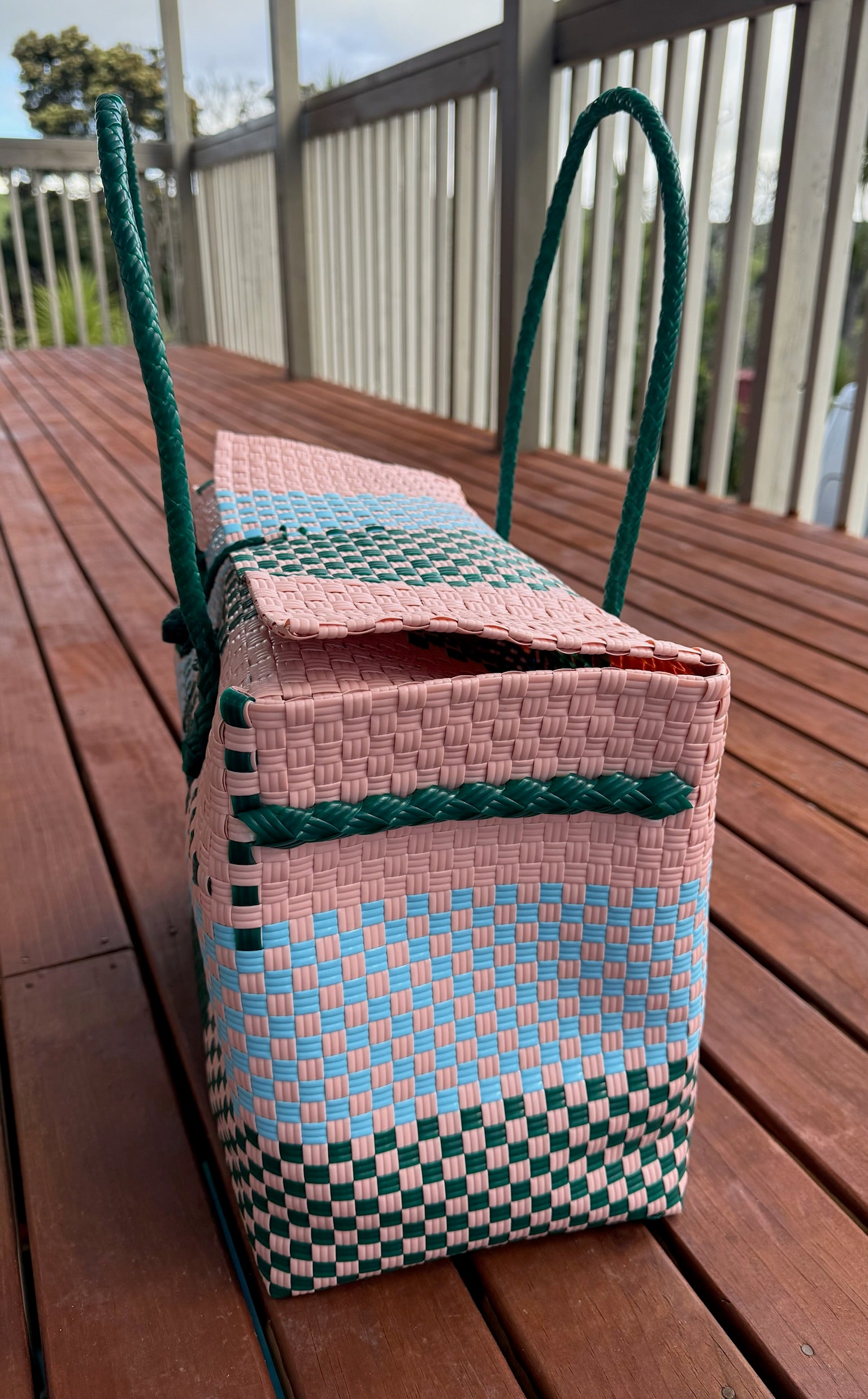 Pink / Grey / Blue Picnic Style Tote Bag (Green Toggle) image 2