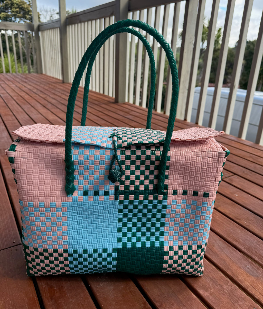 Pink / Grey / Blue Picnic Style Tote Bag (Green Toggle) image 0