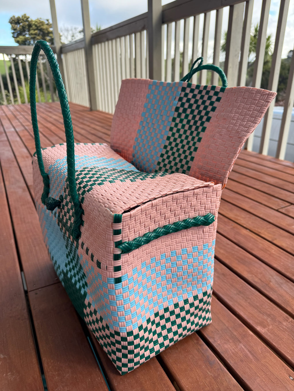 Pink / Grey / Blue Picnic Style Tote Bag (Green Toggle) image 4
